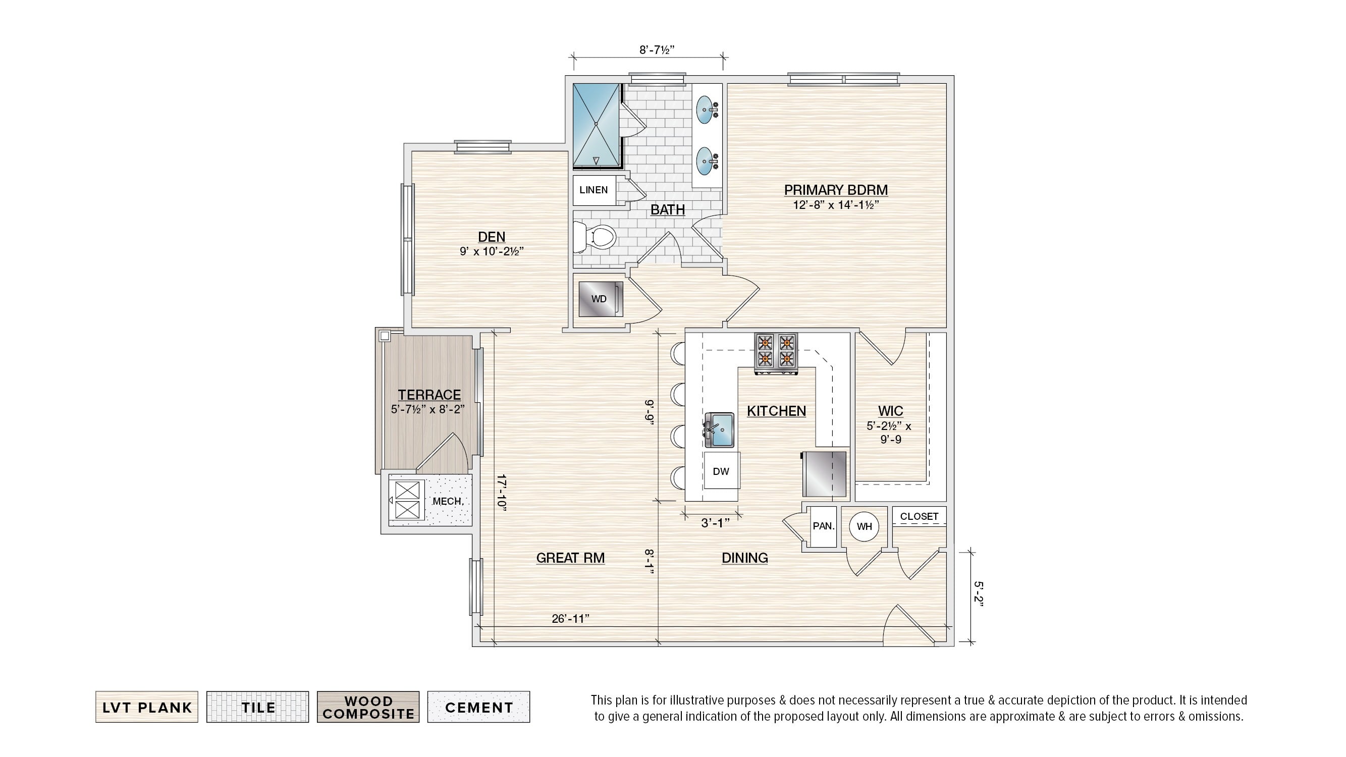 The Avery (RG-A1) garden apartment floor plan with 1 bedroom, 1 bath, and a patio/balcony